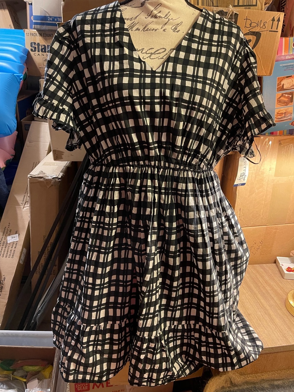 Terra & Sky Black and White Plaid Short Sleeve Dress